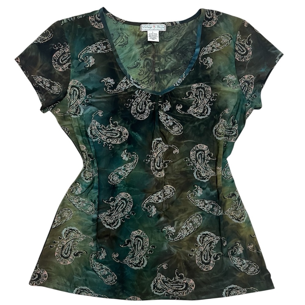 Y2k Vintage Suzie Womens Top Large Green Paisley Embellished short sleeve Casual